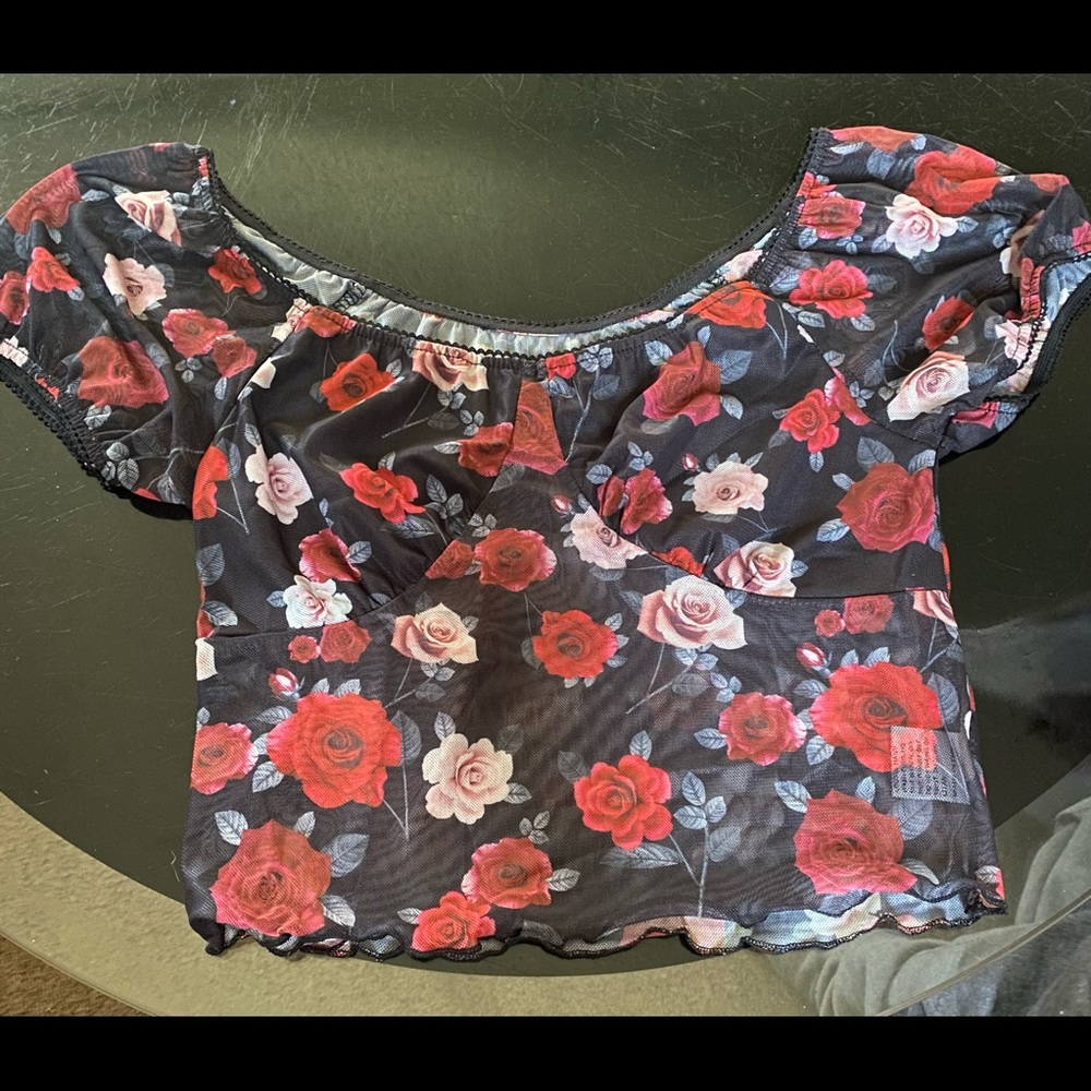 SHEIN Floral Print Lettuce Trim Mesh Crop